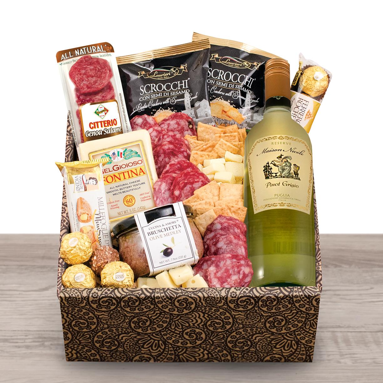 Mangia Con Gusto Italian White Wine & Antipasto Gift Box By Wine Basket , White Wine Gift Baskets , Gift Baskets Delivered
