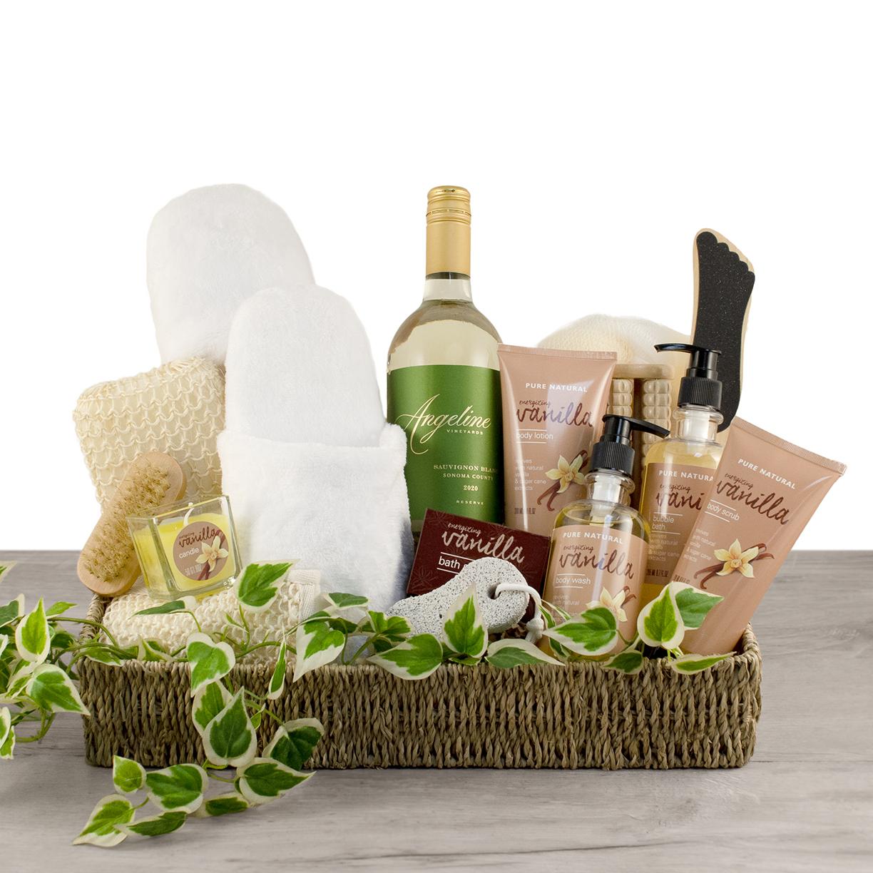 Essential Home Spa & White Wine Gift Basket by Wine Basket | White Wine Gift Baskets | Spa Gift Baskets | Gift Baskets Delivered